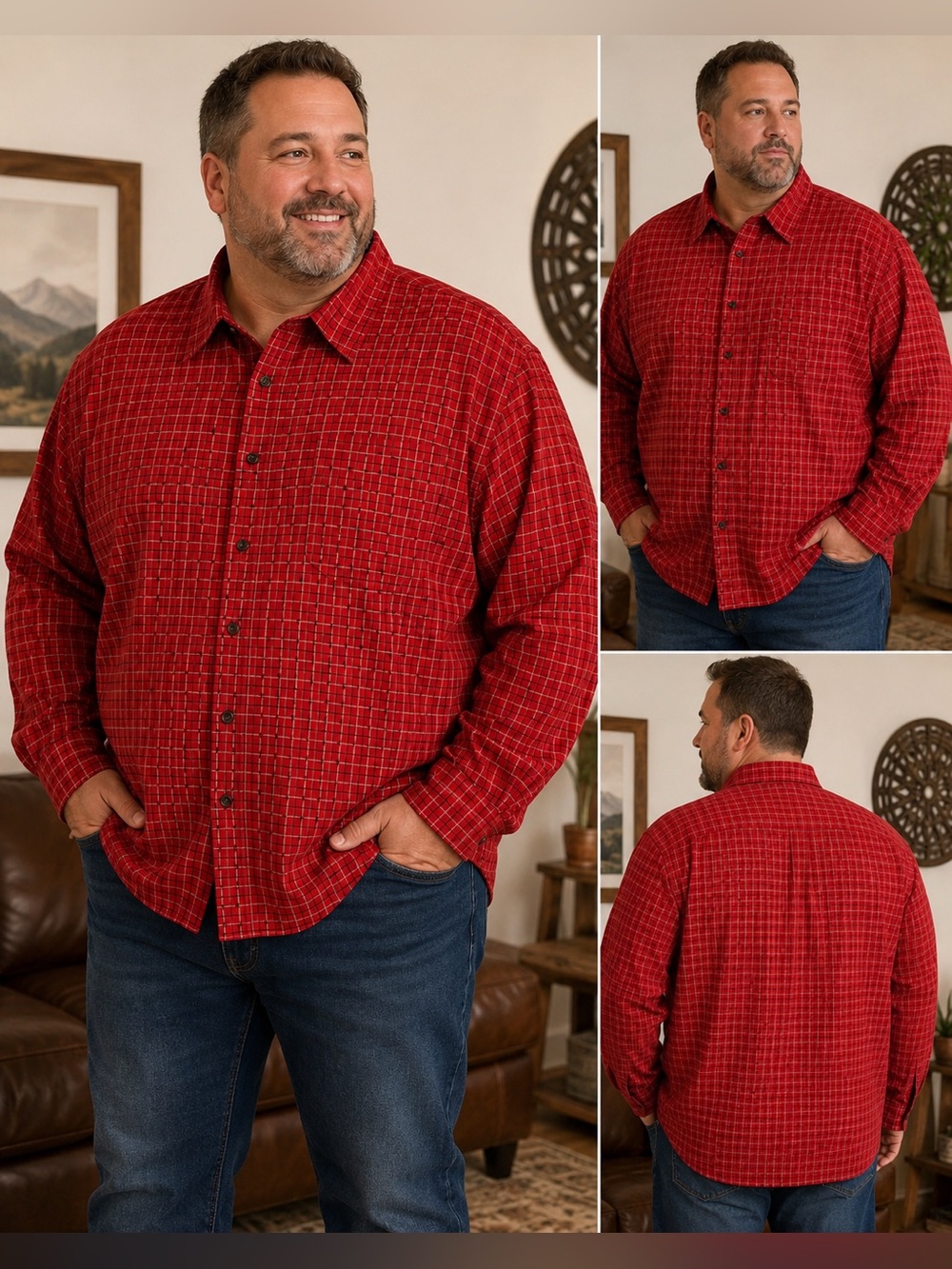 Cutter & Buck Red Plaid Light Flannel Big & Tall Man Button Down Shirt- size 4XT